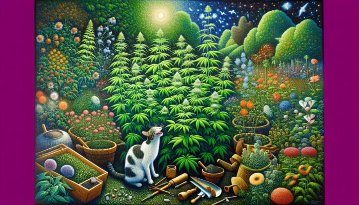 Lush green catnip plants with detailed leaves and budding flowers in a vibrant garden, under the sun, with a happy cat and gardening tools.