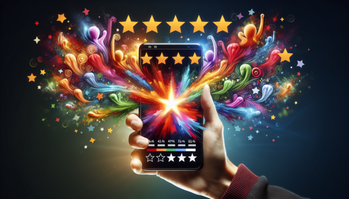 A smartphone showcasing a vibrant Google My Business profile filled with stars and happy customer icons, indicating high ratings and engagement.