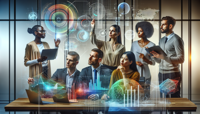 A diverse team analyzing customer data on a screen to refine business strategies and enhance customer satisfaction.