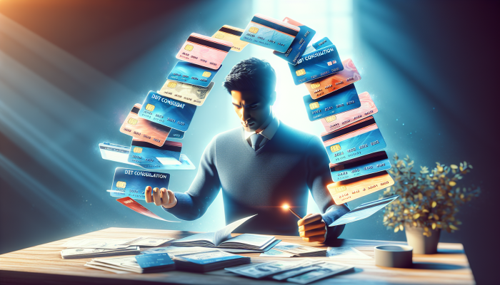 Improving Credit With a Debt Consolidation Loan | DCL A person consolidating multiple credit cards and bills into one loan document, symbolizing debt consolidation.