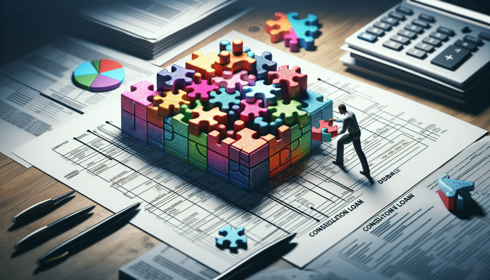Improving Credit With a Debt Consolidation Loan | DCL A person arranging puzzle pieces labeled 'debt' into a 'consolidation loan' block, with financial documents.