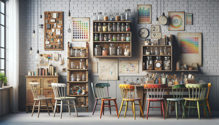 A corner of a home showcasing repurposed items like jars for storage, a ladder as a bookshelf, and painted chairs as a dining set.