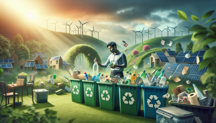Person sorting household items into recycling bins, surrounded by eco-friendly symbols and a sustainable landscape.