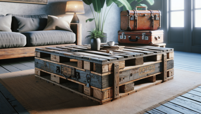 Rustic coffee table from old pallet and chic side table from vintage suitcase, showcasing upcycling.
