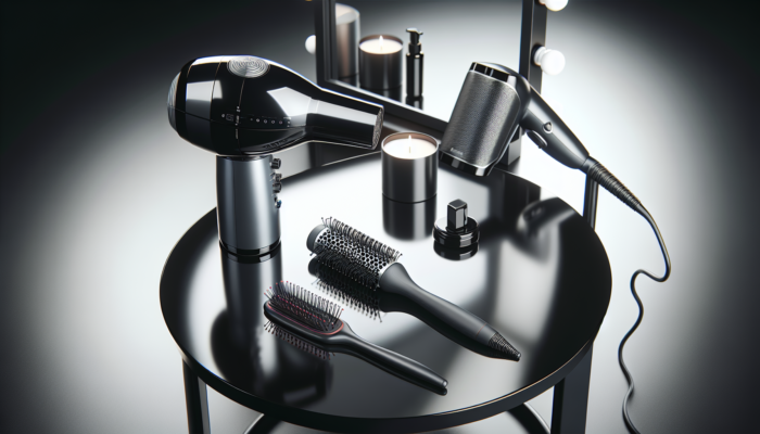 Ionic hairdryer with settings and nozzle, round brush on modern vanity table.