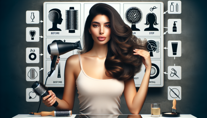Woman with voluminous blowout hair at home, using hairdryer and round brush, with step-by-step guide in background.
