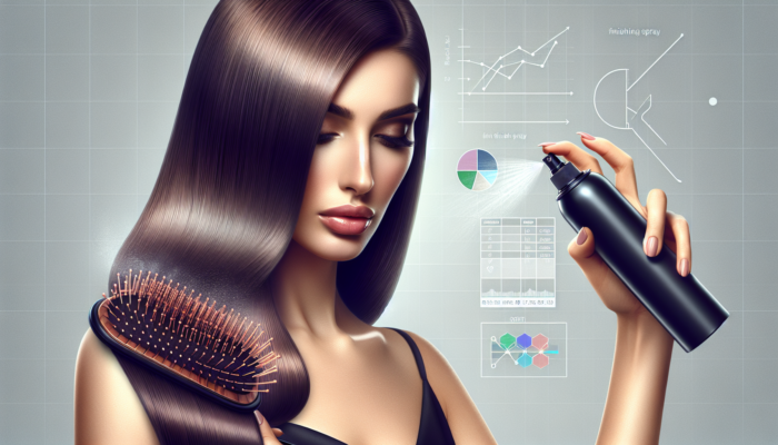 Woman with sleek blowout hair using bristle brush and sprays for glossy, salon-quality finish.