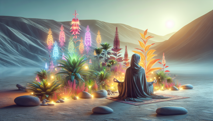 A person meditating in a serene landscape with glowing adaptogenic plants, symbolizing balance and stress relief.