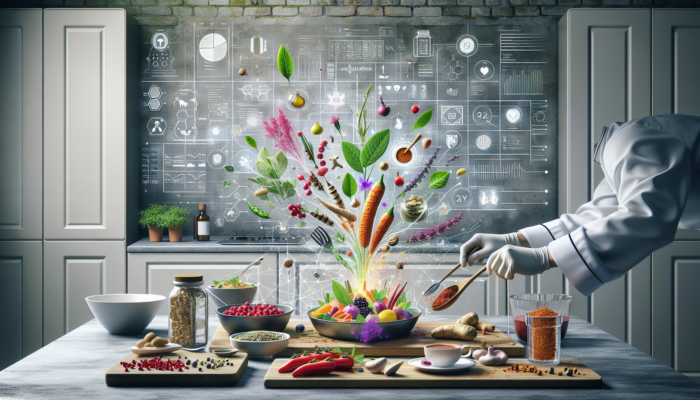 A kitchen scene with adaptogenic herbs like ashwagandha and ginseng in colorful dishes, highlighting culinary innovation and health benefits.