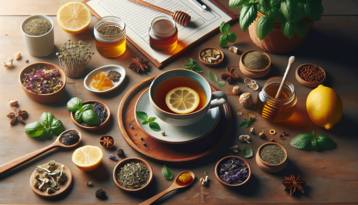 A steaming cup of holy basil tea with honey and lemon, surrounded by adaptogenic herbs on a serene table.