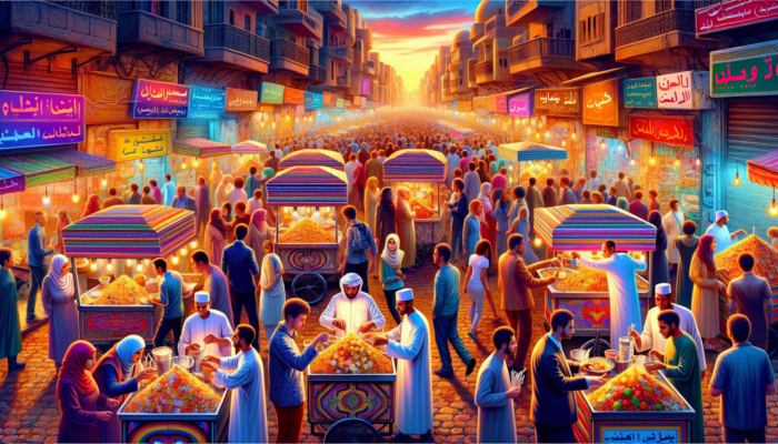 A bustling Egyptian street at dusk with koshari vendors serving eager crowds, showcasing the dish's rich evolution.