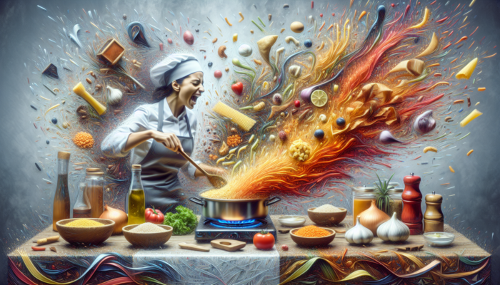 A skilled chef expertly layering rice, lentils, and pasta, topped with flavorful tomato sauce and crispy onions in a traditional Egyptian kitchen.