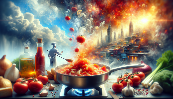 A colorful scene of preparing tomato and vinegar sauce for Koshari with fresh tomatoes, onions, and garlic.