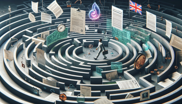 Person navigating maze of privacy rights with legal documents and medical records, under UK flag.