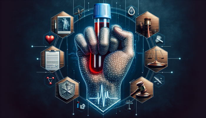 Person holding blood test vial, surrounded by privacy and legal symbols, with medical and legal documents.