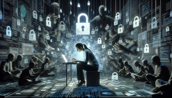 Person in distress contacting support amidst scattered digital files and locks, shadowy figures symbolize privacy breach.