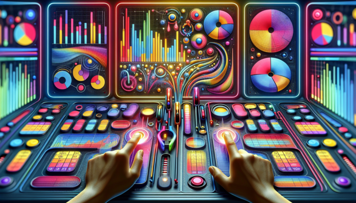 Futuristic dashboard with graphs, KPIs, and hands adjusting sliders for A/B testing in paid social media.