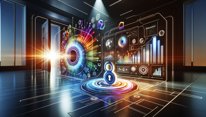 A futuristic dashboard with graphs and charts, a key turning in a data lock, in a modern office.