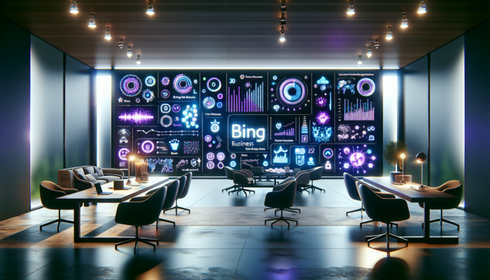 A digital dashboard showing Bing Business analytics with graphs on customer search behavior, service preferences, and location data in an office.