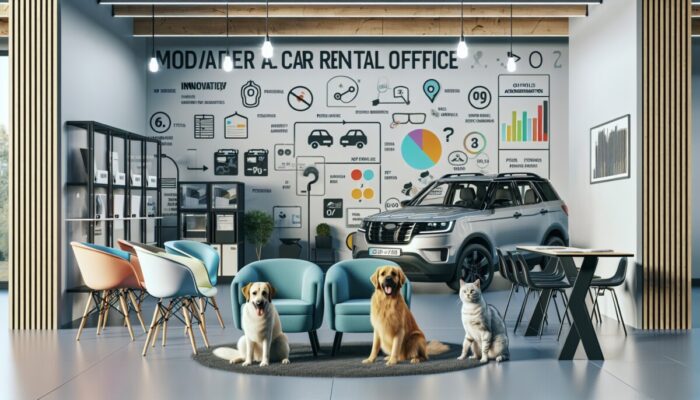 Modern car rental office with pets in various pet-friendly vehicles, highlighting current trends.