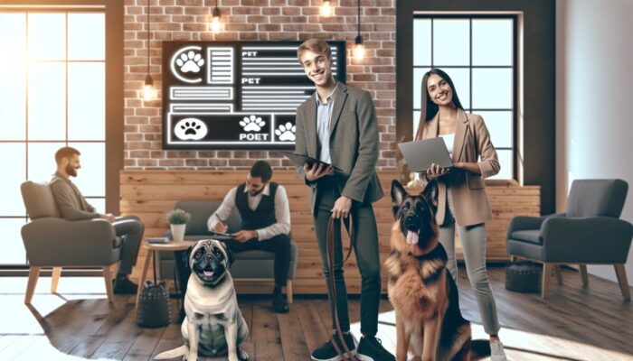 Cozy rental lobby with pets, owners, smiling staff, and clear pet policy signs fostering customer satisfaction.