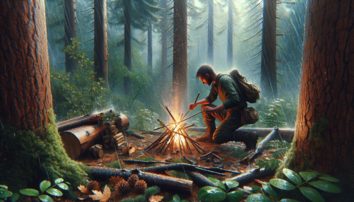 Surviving Alone in the Wilderness: Person using bow drill to start fire in rain, with dry leaves, pine needles, and wood.