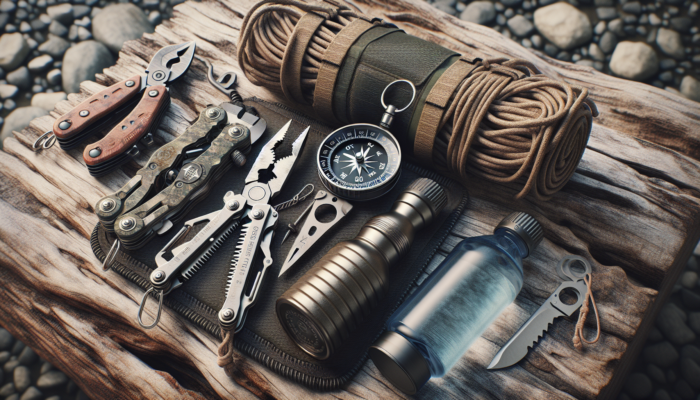 Close-up of wilderness survival gear: multi-tool, compass, fire starter, emergency blanket, water purifier on rugged backdrop.