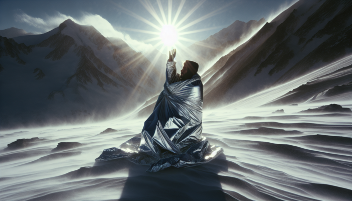 Person wrapped in silver emergency blanket, signaling for rescue in snowy, windy mountains.