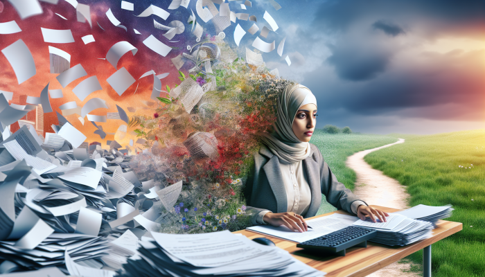 Managing Anxiety During Debt Consolidation Effectively | DCL A person at a desk with financial documents, stressed yet hopeful, path to serene landscape symbolizing debt consolidation relief.