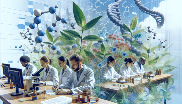 Thyme Boosts Positivity: Scientists in a lab studying thyme plants and molecular models of thymol, focusing on mental wellness benefits.