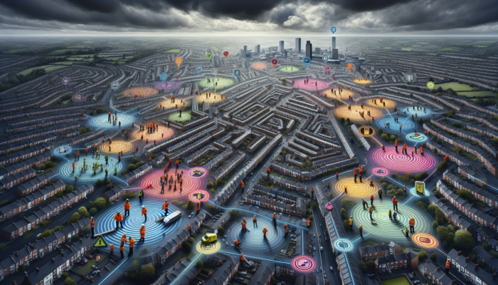 A map of Wolverhampton with clearance routes, teams, and equipment under a cloudy sky.