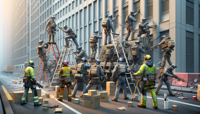 Urban clearance workers in safety gear using tools and a spotter for ladder stability in a cramped city space.