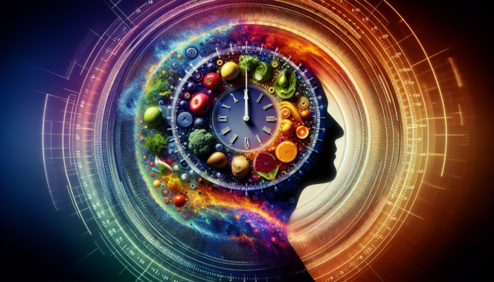 A silhouette with a clock, half filled with fruits and vegetables, symbolizing intermittent fasting's meal timing.