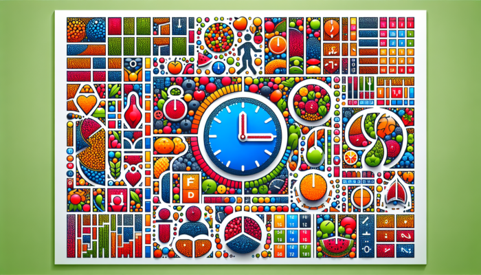 Infographic showing different intermittent fasting meal plans with healthy foods, clocks, and active people.