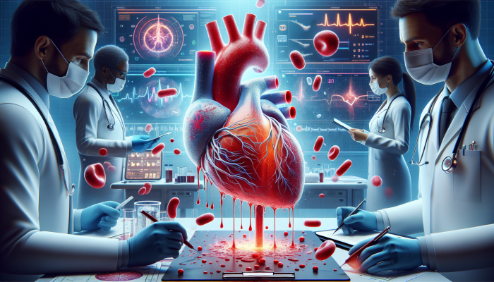 A medical illustration of a heart with troponin proteins leaking into the bloodstream, analyzed in an emergency room.