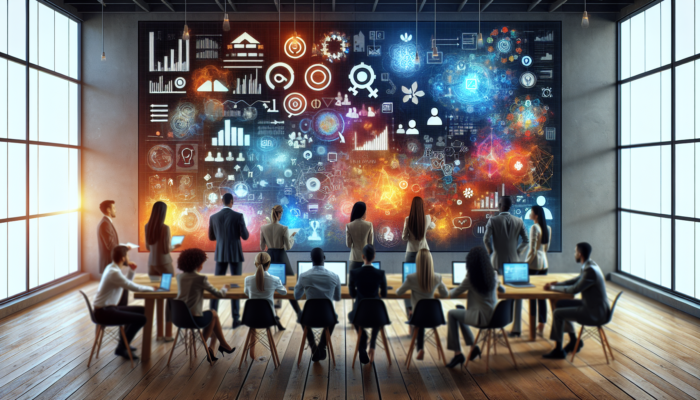 A team analyzing customer data on a large screen to refine business strategy.