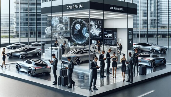 Modern car rental office with digital screens, travelers analyzing data, futuristic vehicles in background.