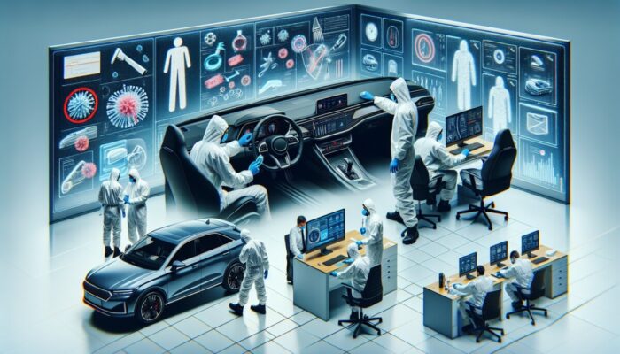 Car rental office with staff sanitizing vehicle and customer using digital interface for touchless pickup.