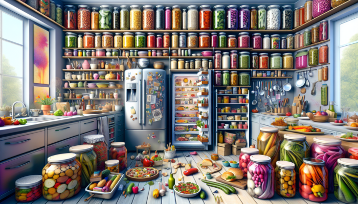A kitchen with vacuum-sealed meals, pickled vegetables, and pre-portioned dishes, reflecting a busy family's schedule.