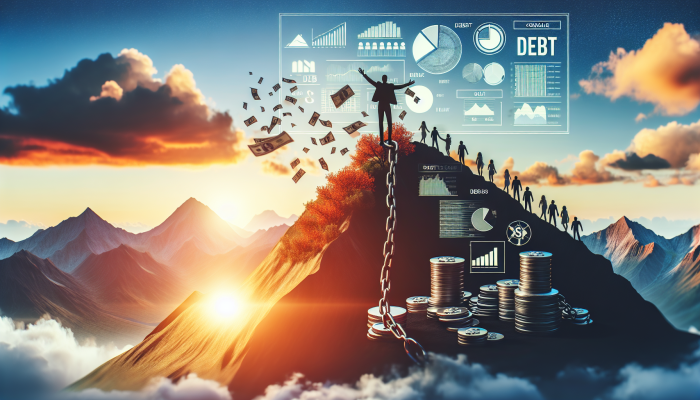 Debt Consolidation Plan: Discover Emotional Benefits for Peace | DCL Person breaking free from 'debt' chains on a mountain at sunrise, symbolizing emotional freedom through debt consolidation.