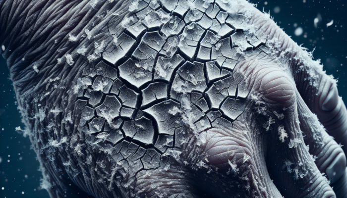 Cracked, flaky skin with inflammation and itchiness in cold, dry winter conditions.