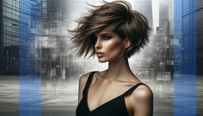 A woman showcasing a trendy, layered short hairstyle, styled with tousled waves for added movement and dimension.