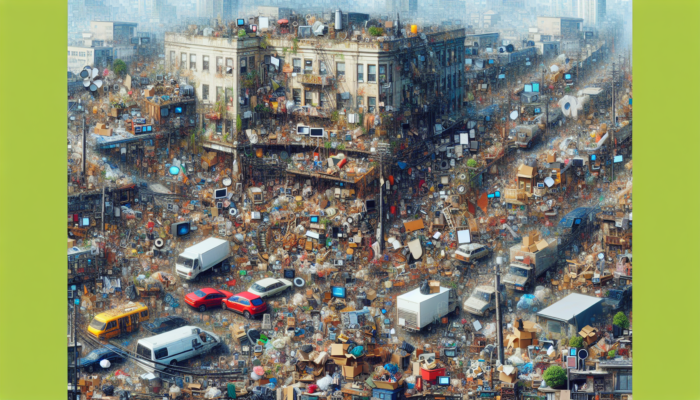 A bustling urban scene in Luton with diverse residential properties and various items, illustrating urban house clearance dynamics.