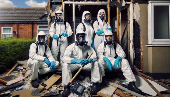 Team in protective gear removing asbestos and lead-based paint from a house in Luton, using specialized equipment and following safety protocols.