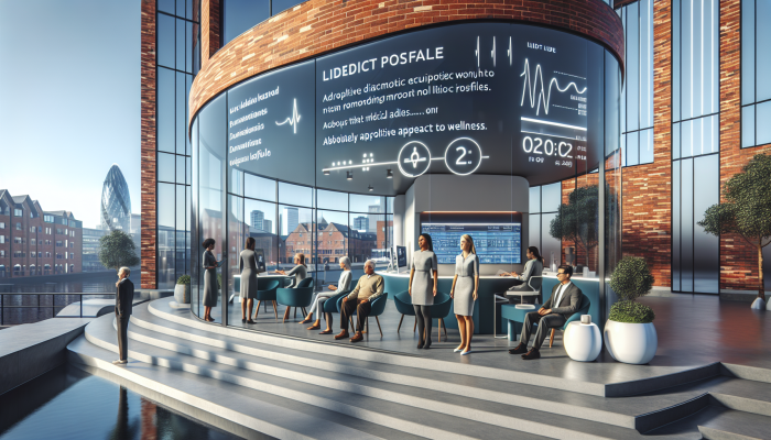 Modern health clinic in Coventry with diverse people using advanced diagnostic technology for wellness.