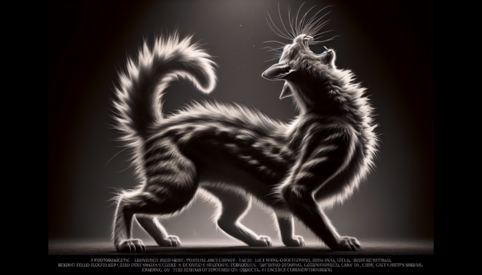 Terrified cat with arched back, tense tail, forward whiskers, dense fur, hissing defensively in dim room.