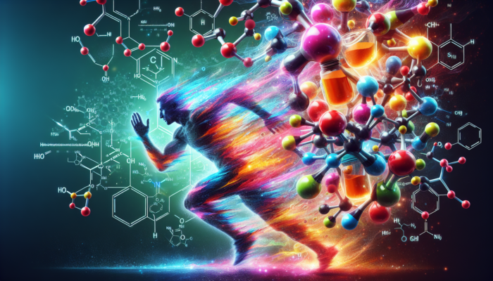 Illustration of pre-workout supplements with caffeine and molecular structures enhancing athlete's energy and focus.