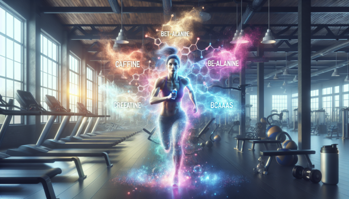 Person in modern gym energizing from pre-workout supplement with caffeine, beta-alanine, creatine, and BCAAs.