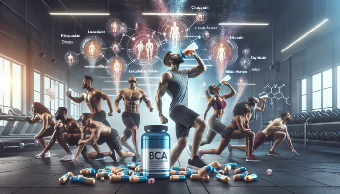 Athletes in a gym drinking BCAA supplements, with leucine, isoleucine, and valine visuals, showcasing muscle recovery and growth.