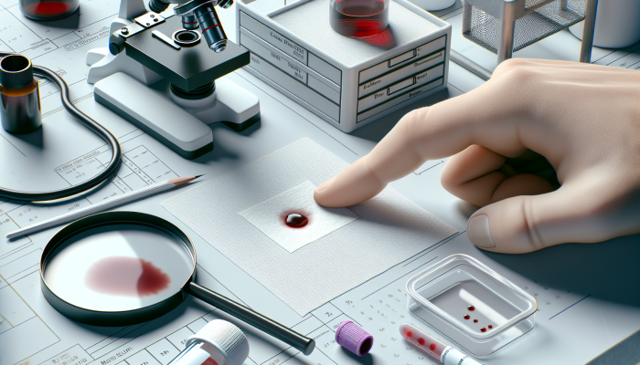 A finger pressing a drop of blood onto filter paper in a lab, illustrating dried blood spot testing.